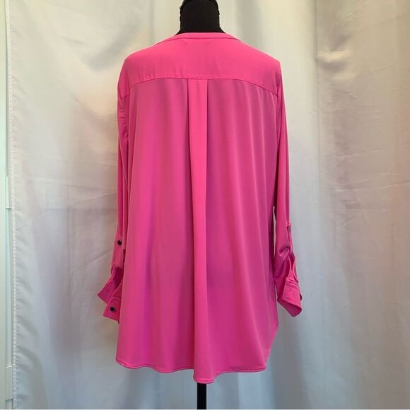 NYGARD neon pink roll tab long sleeve lace-up blouse Sz L - Picture 3 of 9